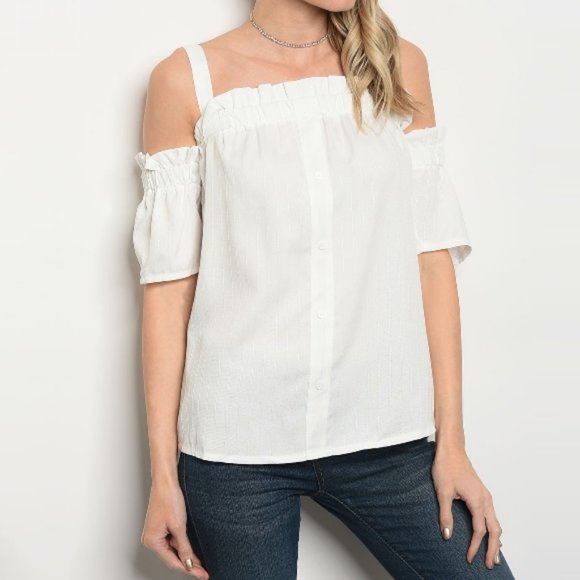 Tops - Ruffle Button Detail Cotton Cut Out Shoulder Top